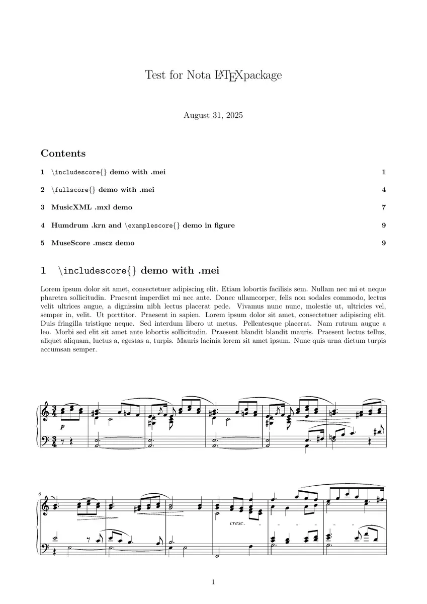 First page of the Nota A4 article demonstration, combining text with inline music notation